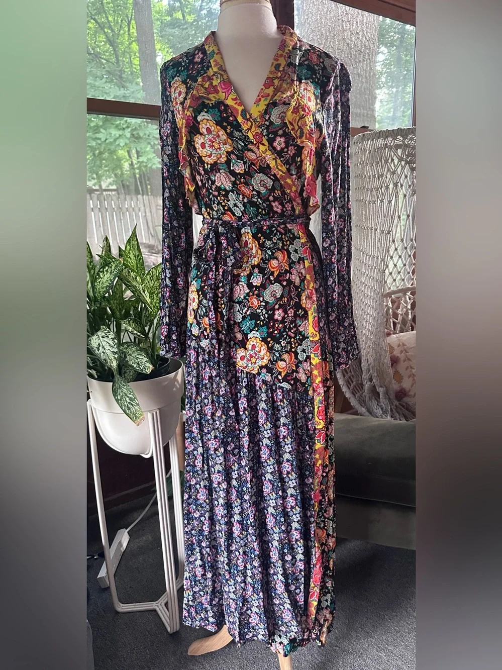 Frame mixed Floral Maxi wrap Dress with Multicolor Accents